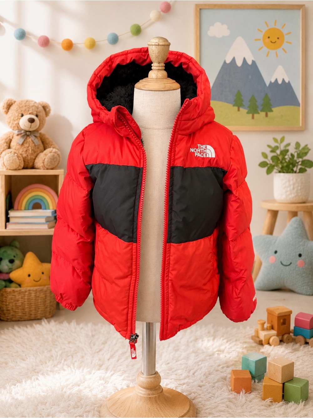 The North Face Reversible Perrito Hooded Jacket 4T Red Black Puffer Coat Toddler